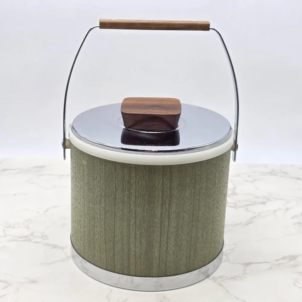 Vintage Kromex Ice Bucket Green Woodgrain Chrome Lid Mid Century Barware USA - Picture 3 of 11
